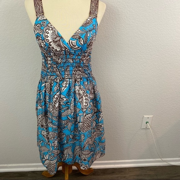 Trina Turk 100% Silk  Blue & Brown Print Dress Elastic Smocked Waist Size 8 - Picture 1 of 11